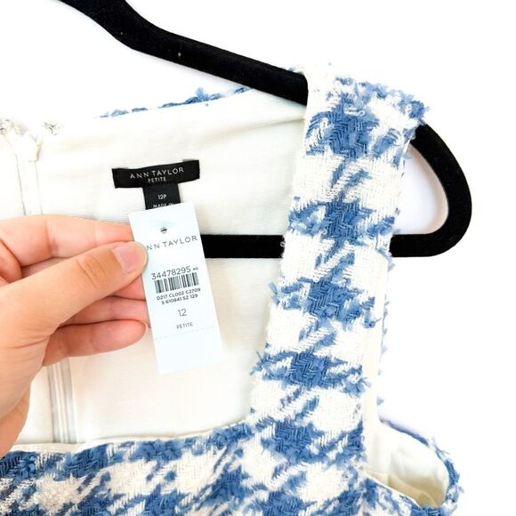 NWT Ann Taylor Blue White Textured Houndstooth Plaid Square Neck Dress Petite 12 - Picture 6 of 12